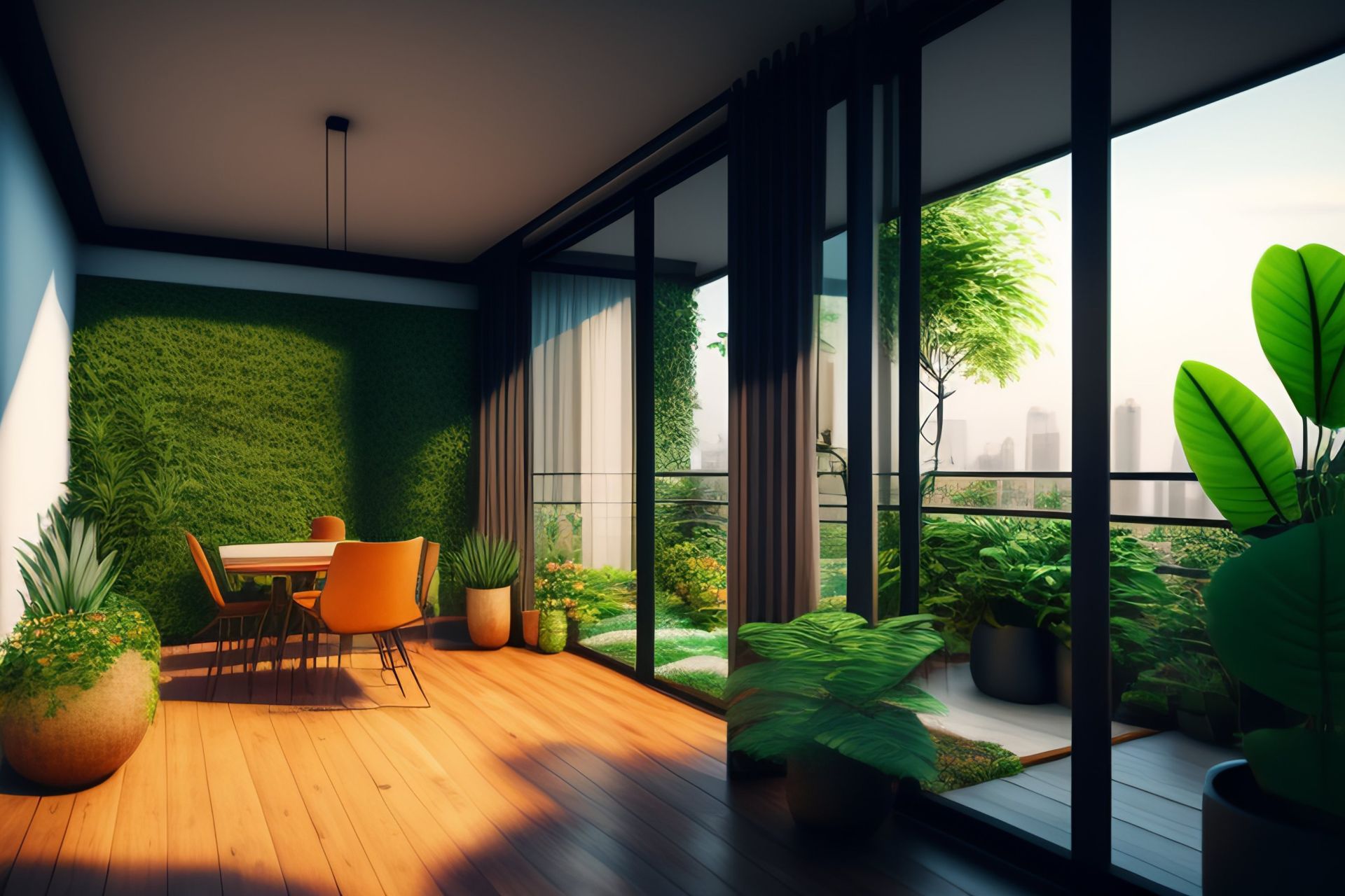 living-room-with-green-wall-table-with-orange-chairs-plants (1)